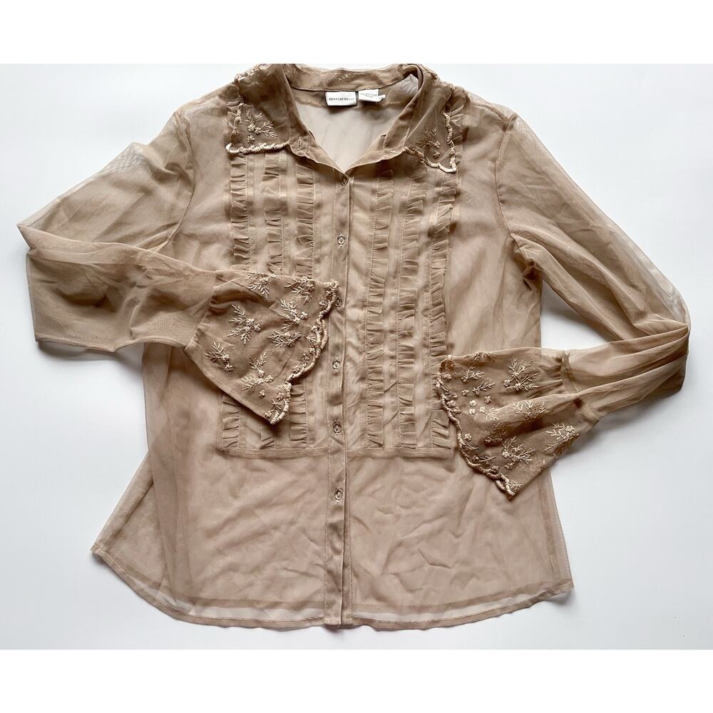 Y2K Newport News Sheer Beige Ruffle Bell Sleeve Embroidered Blouse Size 14